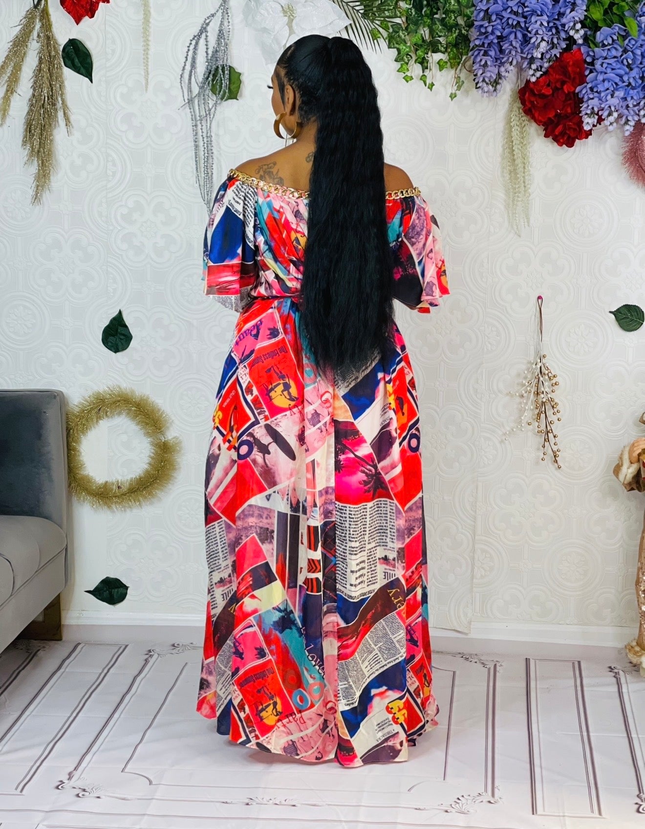 Marina colorful Newspaper Maxi Dress