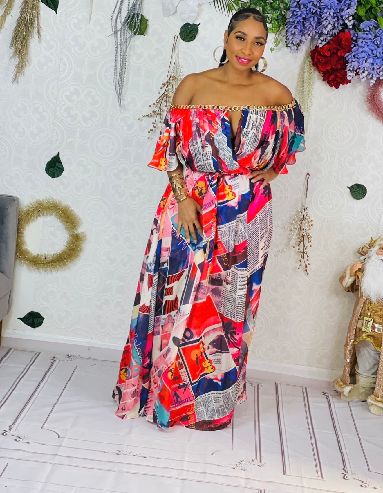 Marina colorful Newspaper Maxi Dress