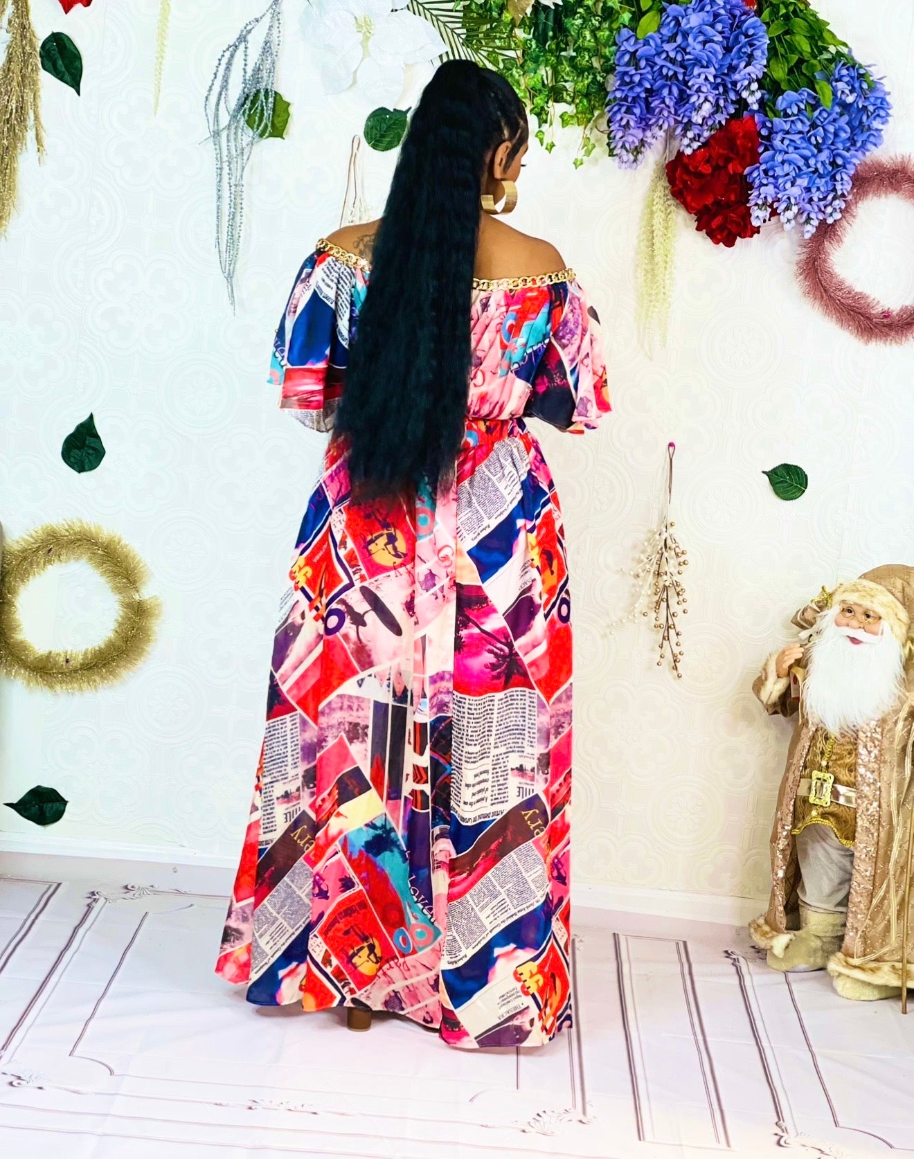 Marina colorful Newspaper Maxi Dress