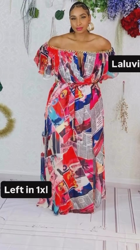 Marina colorful Newspaper Maxi Dress